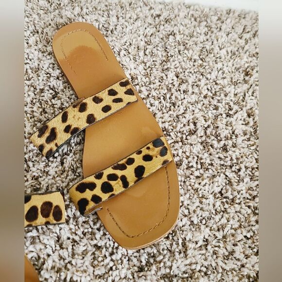 Zara Tan Cream Leopard Animal Print Faux Fur Strappy Flat Sandals - Picture 3 of 6